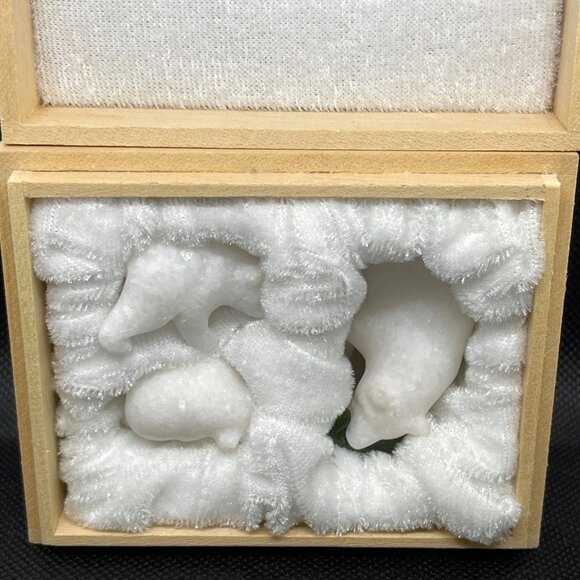 Hand Carved White Star Marble Grizzly Bear Family 3 pc Set Lot Jade Fish COA VTG - Picture 4 of 15